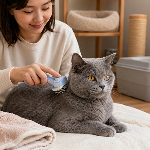 Mèo xám được chải lông tại nhà để giữ lông sạch và mượt