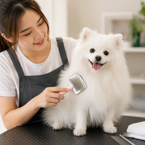 Chó Phốc Sóc lai Nhật lông trắng được chải lông trên bàn grooming