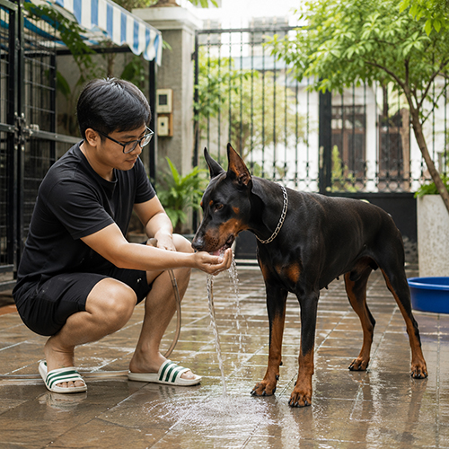 Người nuôi cho chó Doberman uống nước trong sân nhà thoáng mát tại Việt Nam