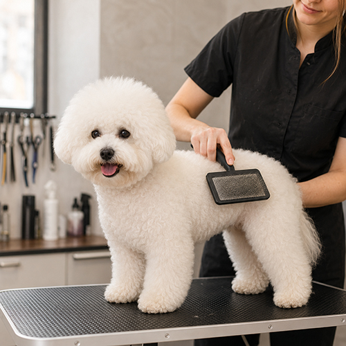 Nhân viên grooming chải lông cho chó Bichon Frise màu trắng