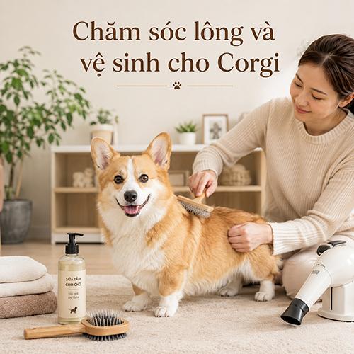 Người nuôi chải lông cho chó Corgi trong không gian sạch sẽ với dụng cụ vệ sinh bên cạnh