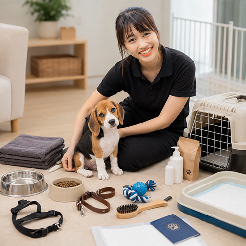 Nhân viên tư vấn chuẩn bị đồ dùng ban đầu cho chó Beagle con