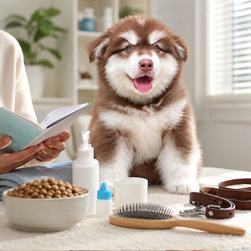 Chó Alaska con với đồ chăm sóc thức ăn và sổ theo dõi sức khỏe