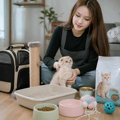 Nhân viên Chạm Pets chuẩn bị khay cát, thức ăn, carrier và đồ dùng cho mèo con
