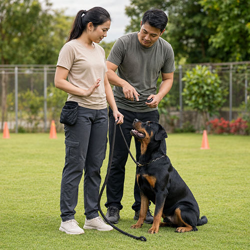 Chủ nuôi thực hành lệnh ngồi và đi dây với chó Rottweiler cùng người hướng dẫn