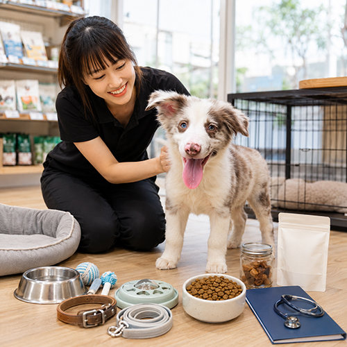 Nhân viên chăm sóc Border Collie cùng thức ăn phụ kiện và hồ sơ sức khỏe