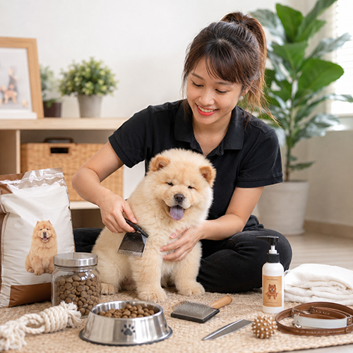 Chó Chow Chow được chải lông cùng thức ăn và đồ chăm sóc