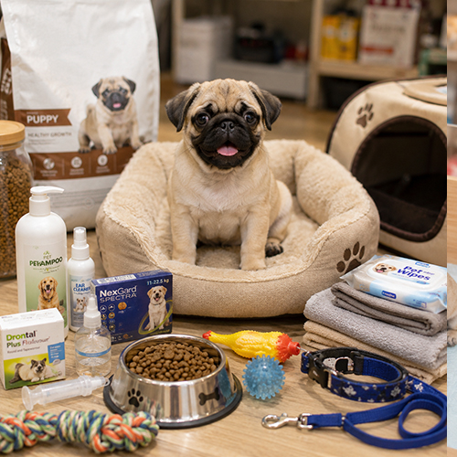 Chó Pug con ngồi trên nệm cạnh thức ăn và đồ dùng chăm sóc