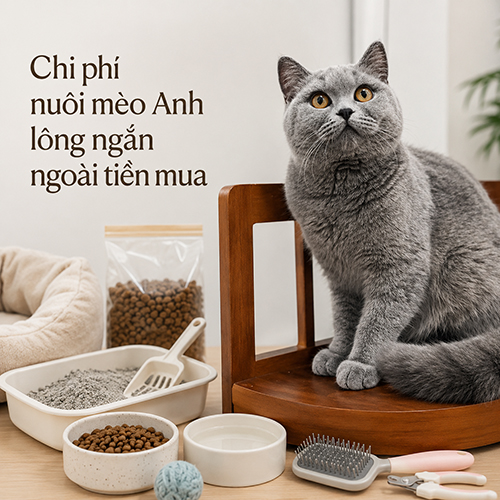 Mèo Anh lông ngắn bên đồ dùng chăm sóc minh họa chi phí nuôi