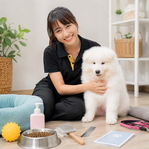 Nhân viên chăm sóc chó Samoyed cùng thức ăn, lược chải, sữa tắm và phụ kiện