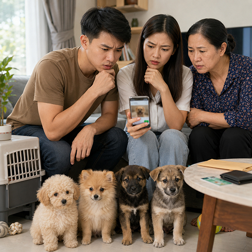 Gia đình kiểm tra tin rao chó con giá rẻ trên điện thoại trước khi đặt cọc