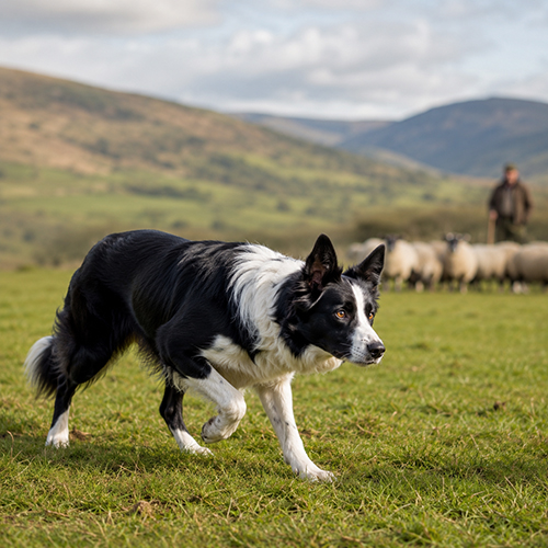 Chó Border Collie đen trắng đang chăn cừu trên đồng cỏ