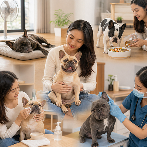 Chăm sóc chó Bull Pháp trong căn hộ với quạt, khẩu phần ăn và vệ sinh nếp nhăn