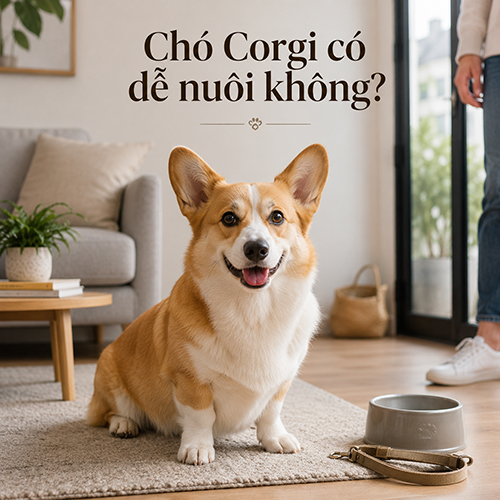 Chó Corgi ngồi trong không gian căn hộ sạch sẽ với bát nước và dây dắt bên cạnh