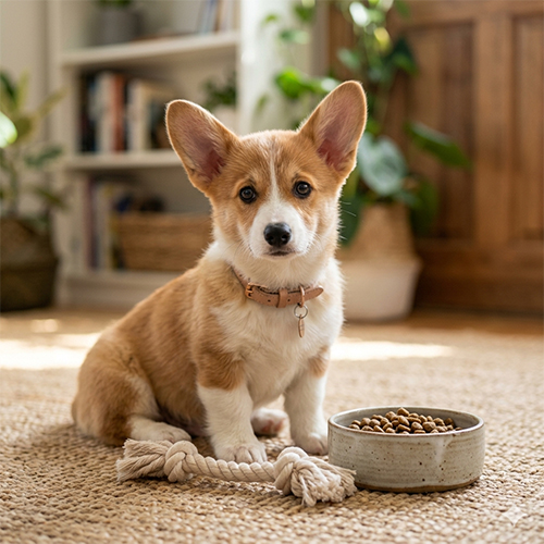 Chó Corgi con ngồi cạnh bát hạt và đồ chơi, minh họa giai đoạn chăm sóc, cho ăn và tập thói quen từ nhỏ