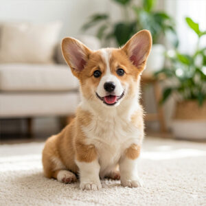 Chó Corgi con đáng yêu đang ngồi trong nhà, phù hợp minh họa bài viết cách chăm sóc, cho ăn và tập thói quen từ nhỏ