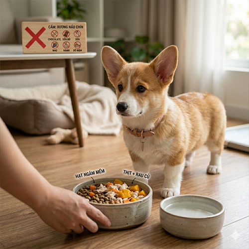 Chó Corgi con đứng cạnh bát thức ăn và nước uống, minh họa chế độ ăn phù hợp cho Corgi con