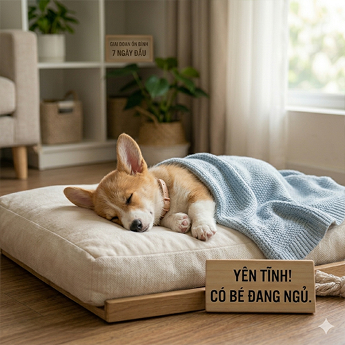 Chó Corgi con đang ngủ trên đệm, minh họa nhu cầu nghỉ ngơi và thời gian ngủ phù hợp cho Corgi con