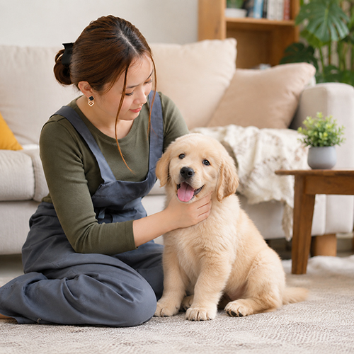 Chó Golden Retriever con tương tác thân thiện với người nuôi trong phòng khách