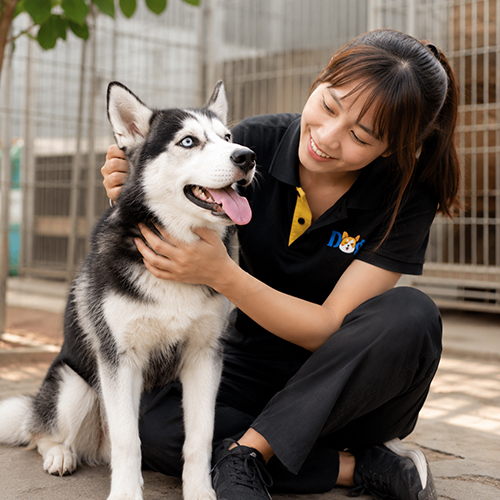 Nhân viên Chạm Pets vuốt ve chó Husky, minh họa giống chó phù hợp với người có thời gian chăm sóc và vận động