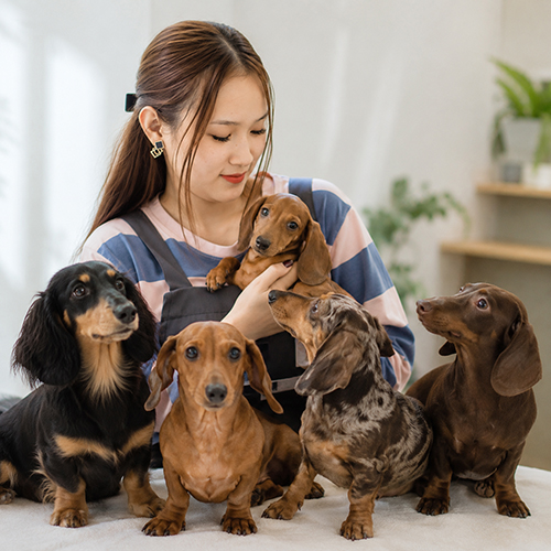 Nhân viên Chạm Pets bên các bé chó Lạp Xưởng nhiều màu lông và pattern