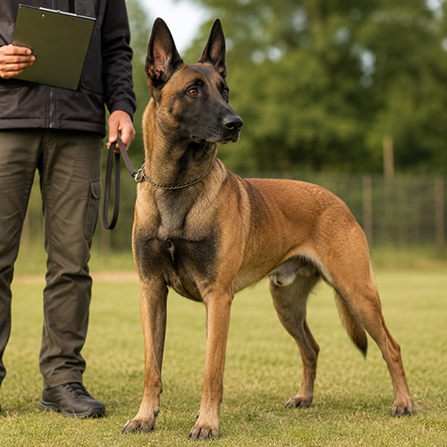 Chó Malinois thuần chủng màu vàng đen, tai dựng, dáng đứng cân đối cạnh người huấn luyện