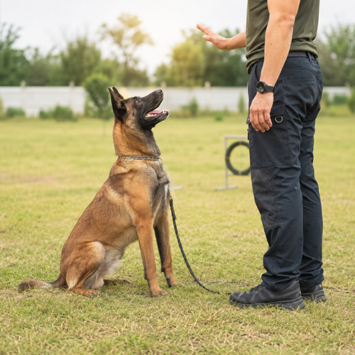 Chó Malinois trưởng thành ngồi nghe lệnh trong buổi huấn luyện ngoài trời