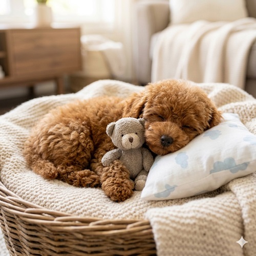 Chó Poodle nhỏ màu nâu nhạt đang nằm ngủ cuộn tròn cực kỳ đáng yêu bên cạnh gấu bông trên nệm êm.