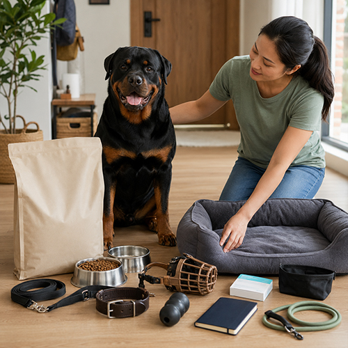 Chủ nuôi chuẩn bị thức ăn, nệm, dây dắt và đồ dùng cho chó Rottweiler