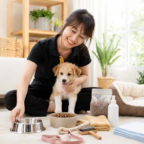 Nhân viên chuẩn bị thức ăn, bát ăn, ổ nằm và đồ chăm sóc cho chó con