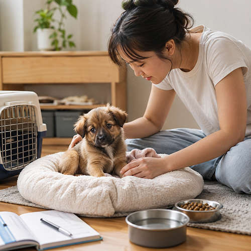 Người nuôi chuẩn bị ổ nằm, thức ăn và nước uống cho chó con mới nhận về