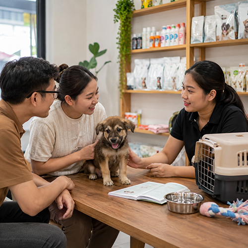 Khách hàng được tư vấn chọn chó con phù hợp ngân sách tại cửa hàng thú cưng