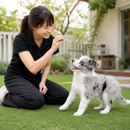 Người chăm sóc dắt chó Border Collie trong sân nhà phố