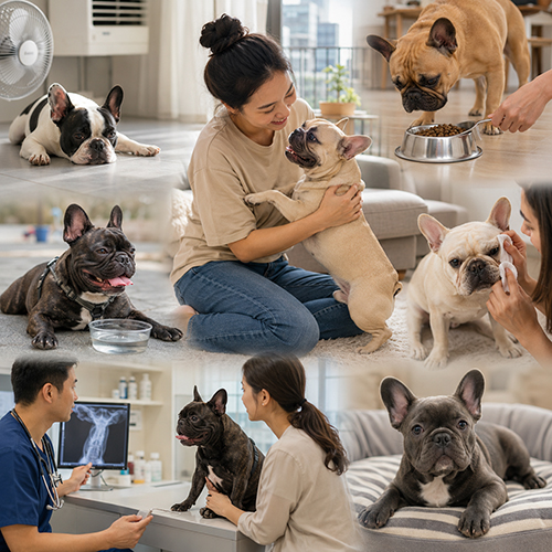 Người nuôi chăm chó Bull Pháp trong nhà với các hoạt động ăn uống, vệ sinh và khám sức khỏe
