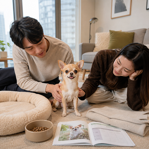 Người nuôi cân nhắc chăm sóc chó Chihuahua trong căn hộ với ổ nằm, thức ăn và sổ tiêm