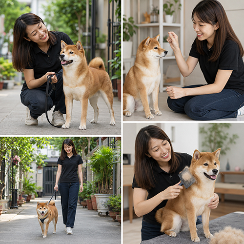 Nhân viên dắt đi dạo, huấn luyện và chải lông cho chó Shiba Inu