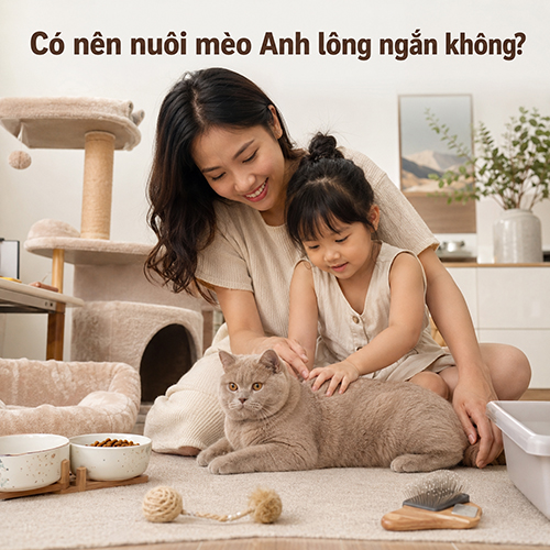 Gia đình chăm sóc mèo Anh lông ngắn trong căn hộ