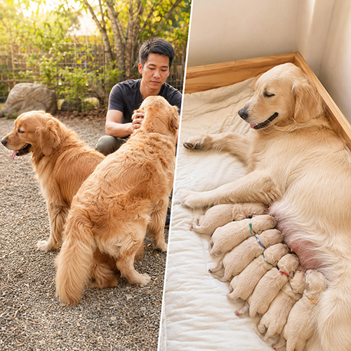 Chó Golden mẹ nuôi đàn chó con sau khi sinh