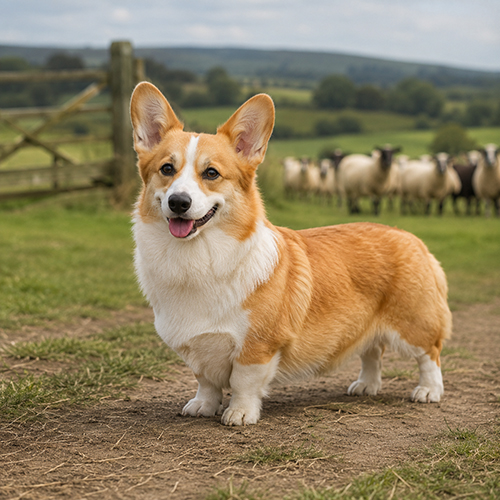 Chó Corgi vàng trắng đứng nghiêng, thân dài, chân ngắn và tai dựng rõ nét