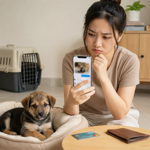 Người mua lo lắng khi xem tin rao chó con giá rẻ và chuẩn bị chuyển cọc