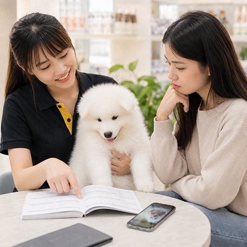 Khách hàng kiểm tra thông tin chó Samoyed trước khi tin vào mức giá rao bán