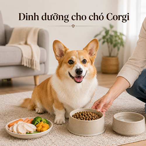 Chó Corgi ngồi cạnh bát hạt, nước sạch và khẩu phần thức ăn cân bằng