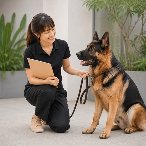 Nhân viên hướng dẫn chó Becgie đã qua huấn luyện cơ bản