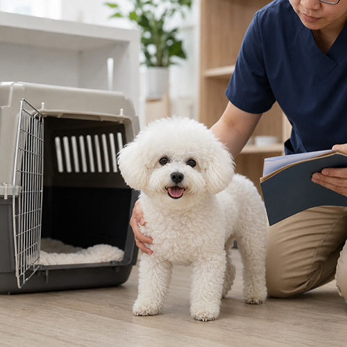 Chó Bichon Frise được kiểm tra bên cạnh lồng vận chuyển và hồ sơ