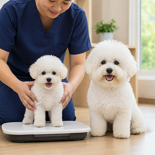 Hai chó Bichon Frise có kích thước khác nhau được kiểm tra cân nặng