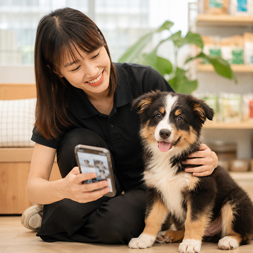 Nhân viên tư vấn chó Border Collie lai và kiểm tra hình ảnh trước khi chọn