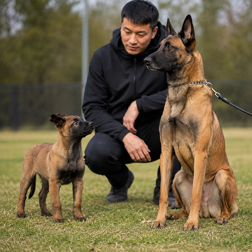 Chó Malinois trưởng thành và chó Malinois con được kiểm tra ngoại hình ngoài sân cỏ
