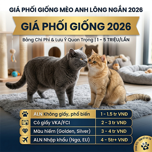 Infographic Bảng Giá Phối Giống Mèo Anh Lông Ngắn 2026 chi tiết theo loại mèo và nguồn gốc (từ 1 - 5 triệu VNĐ/lần) tại Chạm Pets, kèm hình ảnh hai chú mèo ALN xám và vàng đang tương tác.