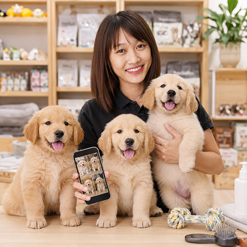 Nhân viên tư vấn xem ảnh và video chó Golden Retriever trước khi chọn bé