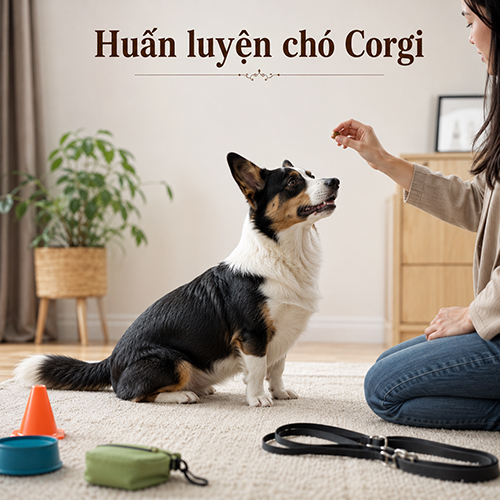 Chó Corgi Cardigan tricolor ngồi nghe lệnh huấn luyện trong nhà